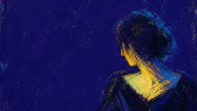 A figure smoothing a napkin beside a face-down phone, warm gold breaking into cold blue around the table