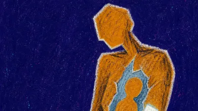 A figure with lifted shoulders, one hand at the ribs and lowered gaze, surrounded by amber and pale blue fracture lines