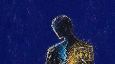 A side-turned figure holds a glowing group photo, with cyan light split against muted charcoal around the chest
