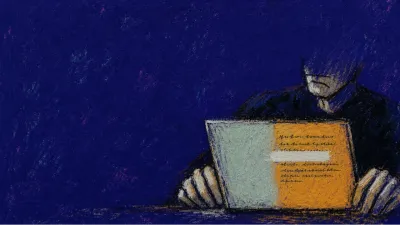 A stiff figure presses a laptop edge beside finished pages, with a silver fracture cutting through amber light near the desk