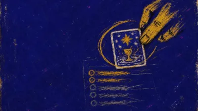 A rigid figure pins a circled card image and highlighted notes over a half-erased list, gold marks cutting into blue-black