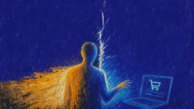 A figure turned from an open laptop, fingertips near a glowing cart and blank email, amber line splitting into cold blue.