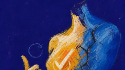 A figure leaning toward a dim screen, thumb above a refresh spot, chest lifted as an amber line fractures into cold blue.