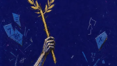A figure holding a raised laurel wand while loose notes and broken markers scatter behind them, gold light split by cold blue