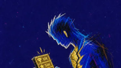 A forward-leaning figure grips a phone with stacked tiles, amber lines splitting across the chest against dark blue space.