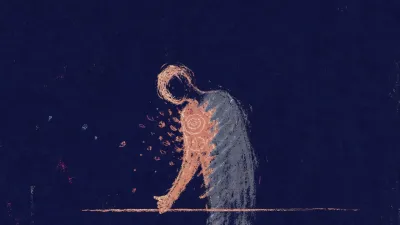 A leaning figure holds a glowing text thread, with a rose-gold line breaking into cold slate around the chest