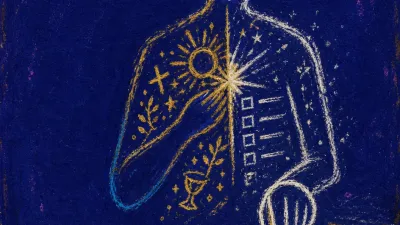 A figure presses a pen cap over a marked map and task list, with a gold line breaking into cold slate at the chest.