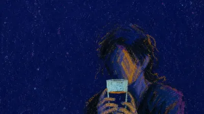 A figure holds a water glass with both hands beside a glowing phone, amber lines at the throat against deep blue water.