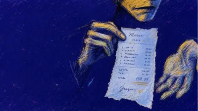 A figure pins a dinner receipt beside an open palm, with gold light split by cold blue across the table