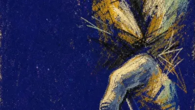 A tense figure over a lit budget screen, shoulders locked, gold coin light fracturing into cold slate shadows