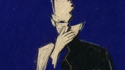 A figure holds one hand near a sealed mouth beside a journal with a crossed-out line, ivory light split by black-green shadow