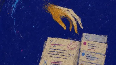 A figure in deep blue space with one hand above a marked draft, amber comment lines splitting near a tight jaw.