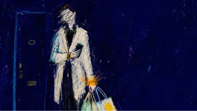 A braced figure with grocery bags on one wrist and a phone face down, amber chest lines fracturing into blue-black space