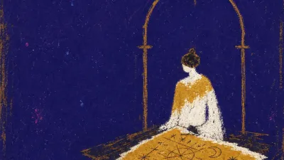 A figure on an elevated workbench steadies a marked rough draft under a dark arch, with gold light split by white glare