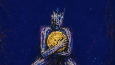 A figure clutching a gold coin to their chest while both feet pin two coins, with a tense gold line against blue-black