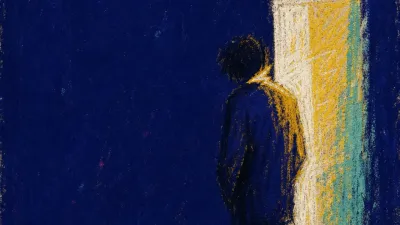 A turned-away figure beside a face-down phone and glowing doorway, with gold light split by blue-black snow.