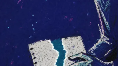 A seated figure grips a self-audit notebook amid trackers and prompts, with a white line splitting into bruised teal.