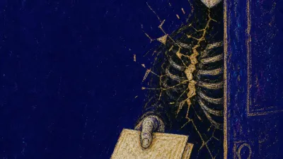A figure angled behind a half-open doorway presents a gold-lit folder, with a thin fracture of graphite shadow across the rib
