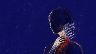 Side-turned figure with one hand at the throat, an unsent note and underlined journal nearby, white-red lines on indigo