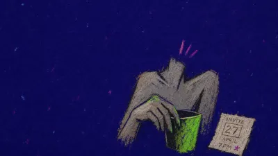 A seated figure grips a cup beside an unchanged calendar invite, stone grey split by sharp green light