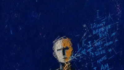 A rigid figure with one hand at the throat and the other editing a page, blue lines splitting from amber glow in dark space