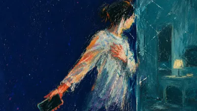 A figure turns from a tense room while lowering a face-down phone, pale silver light splitting into muted teal glass.