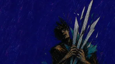 A figure gripping too many blades above a split calendar, with steel silver lines cutting through bruised teal darkness