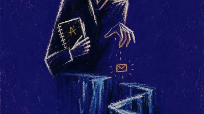 A figure pins a notebook while one hand hovers above an unsent email, amber light breaking into cold blue paths