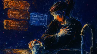 A figure grips a cup under running water as amber message fragments drift near a cold blue current.