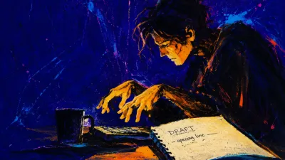 A figure at a desk with fingers hovering over an open draft, amber light splitting into cold blue lines around the hands