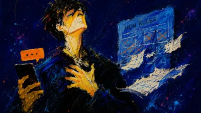 A figure with raised shoulders, thumb over an unsent text, a torn calendar beside them, amber lines cutting into deep blue.
