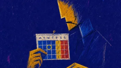 A rigid figure pins a color-coded calendar while hovering over an unsent message, with amber lines breaking into cold cobalt.