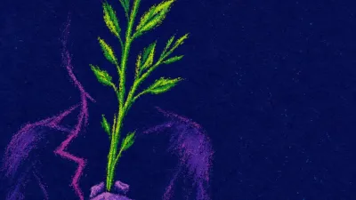 A figure grips a leafy wand above untouched soil, with electric green light splitting into dry umber around the ground
