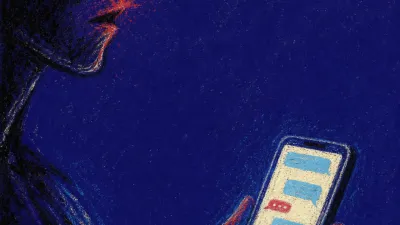 A figure leans toward a glowing phone, fingers tight, with a crimson flare splitting into cool blue shadow behind them