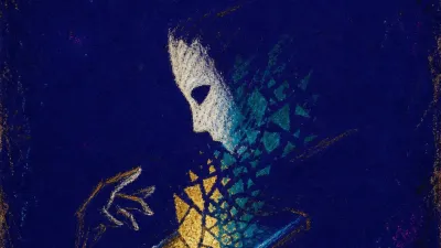 A figure beside a glowing couple photo, hand near their face, gold light splitting into bruised teal shadows.