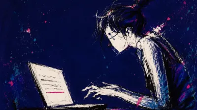 A rigid figure over an open laptop, fingers hovering above one paragraph as a white margin fractures into graphite blue.