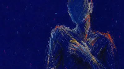 A tense figure hovers over a glowing send button as orange streaks cut through a blue-gray screen and raised shoulders