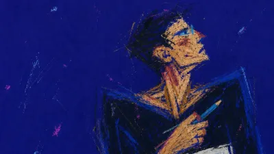A figure with raised shoulders pins a marked-up draft while a pen crosses the chest, amber light split by blue margin marks.