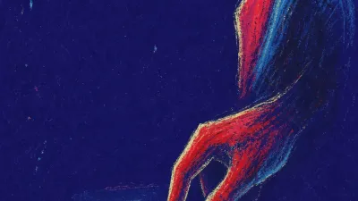 A forward-leaning figure with a thumb over an unsent “???” message, red lines splitting into cold blue on a dark screen