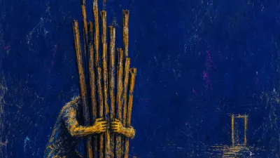 A figure with head down behind a bundle of vertical staffs, amber light splitting against deep blue at the chest and hands