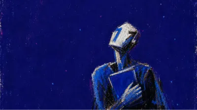 A figure holding a notebook near the chest, head turned upward as blue lines pass over a dark stream below.
