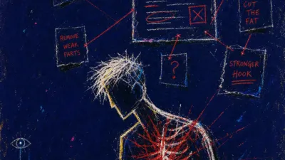 A rigid figure with one hand clamped on a mouse, red edit marks crossing a shared document against cold cobalt darkness