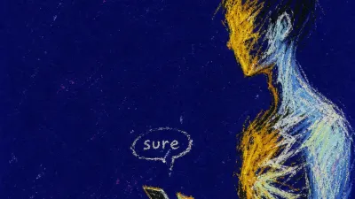 A sideways figure hovers a thumb over an unsent reply below a 'sure' text bubble, amber and blue fractures crossing the ribs