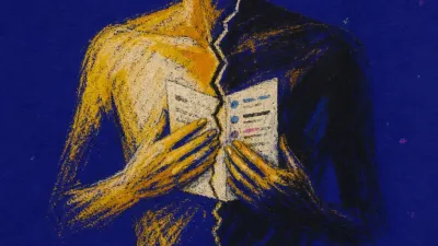 A figure presses a glowing chat transcript to their chest, amber lines splitting into blue-black shadows around them
