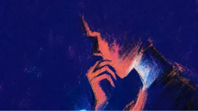 A figure with one hand near their mouth and a thumb over an unsent message, coral light fractured by clinical blue