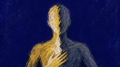A figure with one hand at the sternum and one hand hovering over a confirmation screen, gold light split by cold slate lines