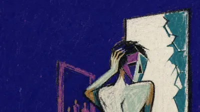 A rigid figure pins hair beside a lit mirror, with a porcelain white reflection fractured against deep teal shadows