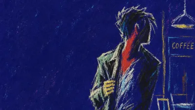 A figure tugging a jacket hem in a dark cafe, shoulders raised, with a red neck glow split by charcoal shadows