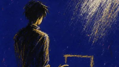 A side-turned figure with a thumb above an unsent caption window, amber light splitting into blue-black shadow at the throat