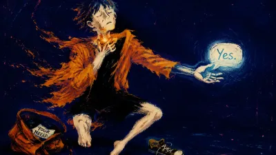 A figure with one shoe half on and a bag open, one hand at the throat, amber line splitting into cold blue.